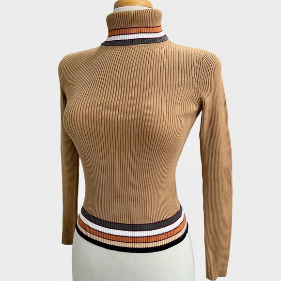 Vintage Mexx Camel Ribbed Striped Turtleneck Sweater 100% Cotton Y2K Small - Picture 2 of 8